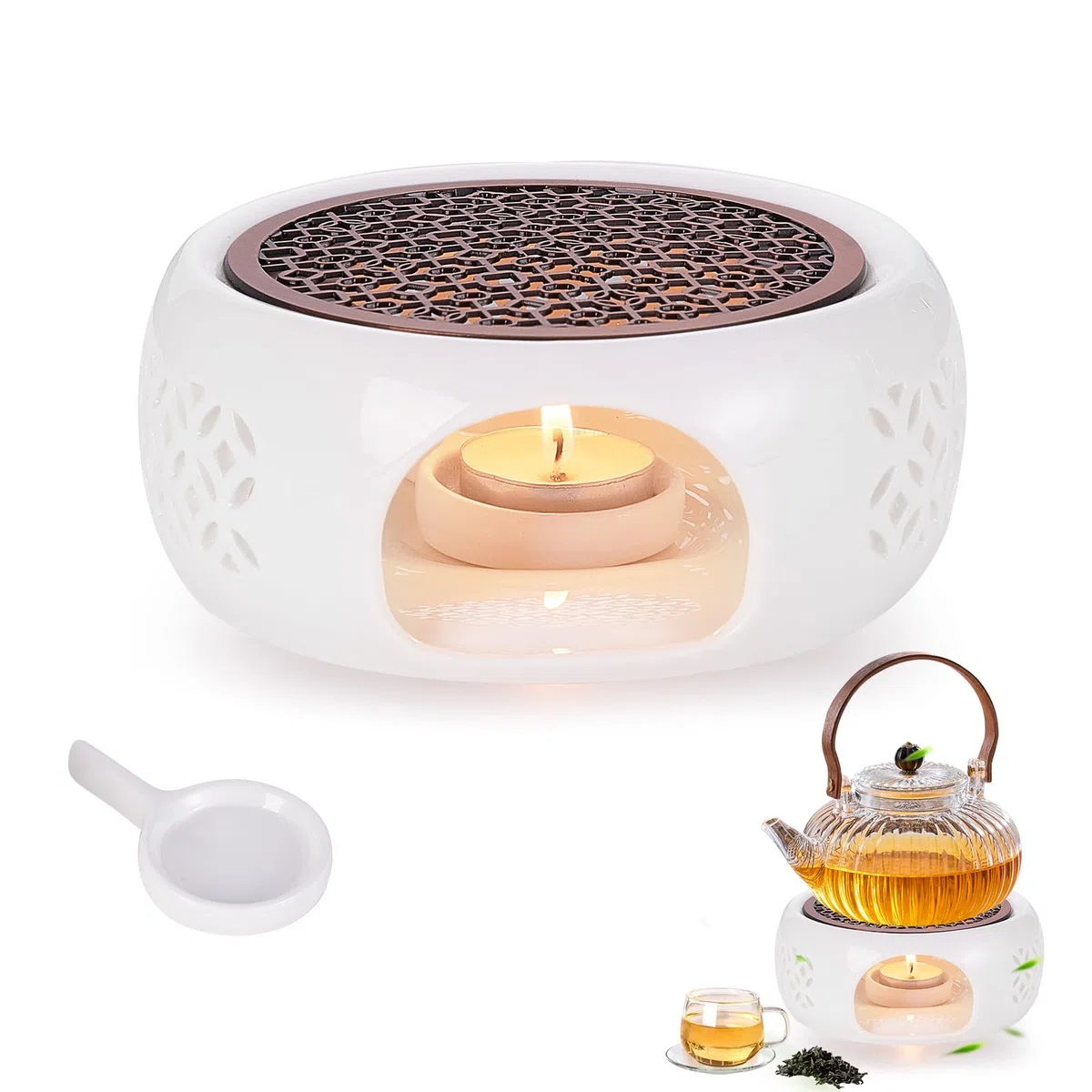 Calientaplato Calentador de Tetera de Cerámica, Blanca Calentador en Porcelana con Portavelas, Diseño Tallado Hueco, Calentador de Té para Mantener Té Café Leche