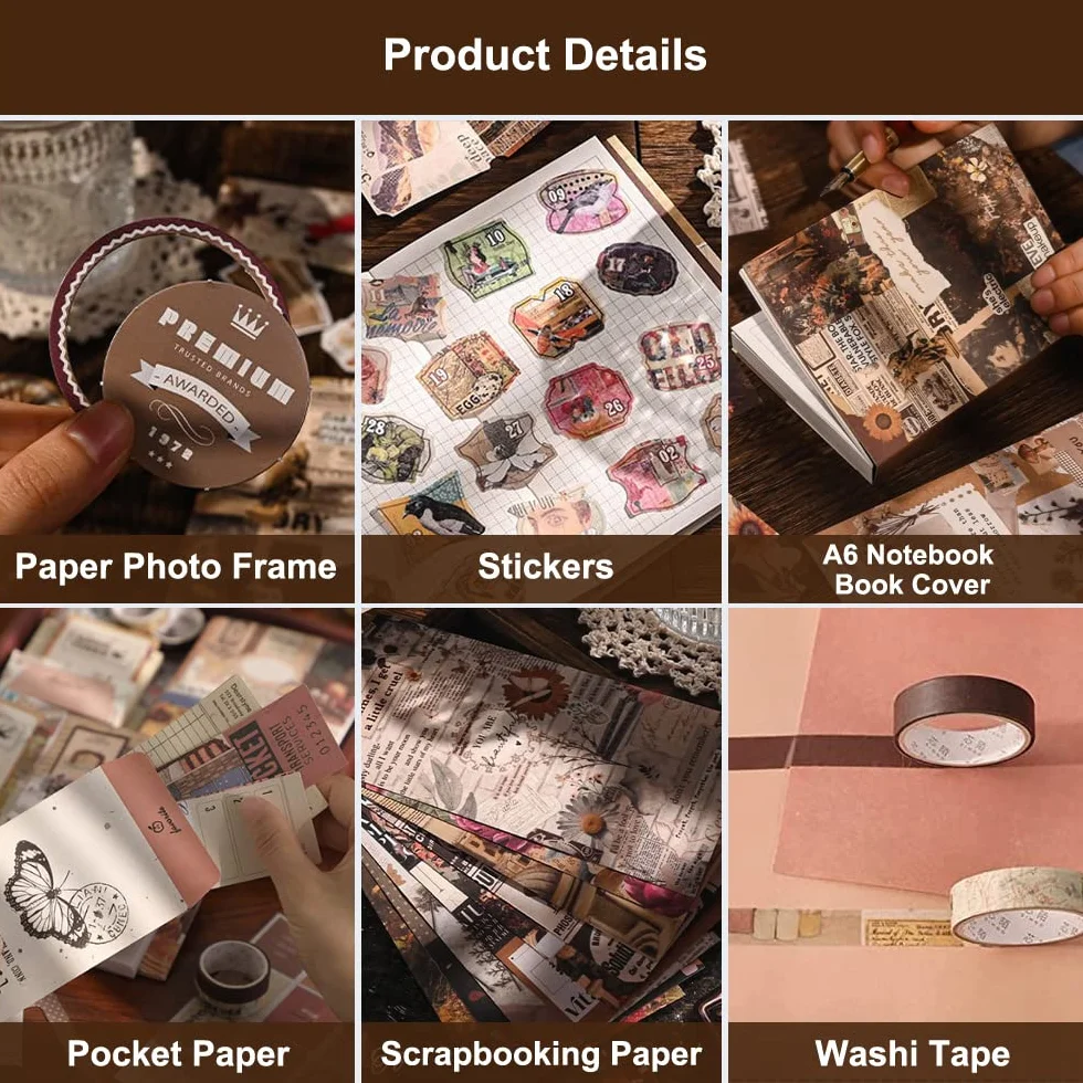 136 Piezas Material Scrapbooking Kit, Vintage Bullet Journal Kit con Cuaderno A6, Papel Scrapbooking Vintage, Washi Pegatinas Scrapbook Stickers Accesorios Kit para DIY Bullet Journal Album Fotos