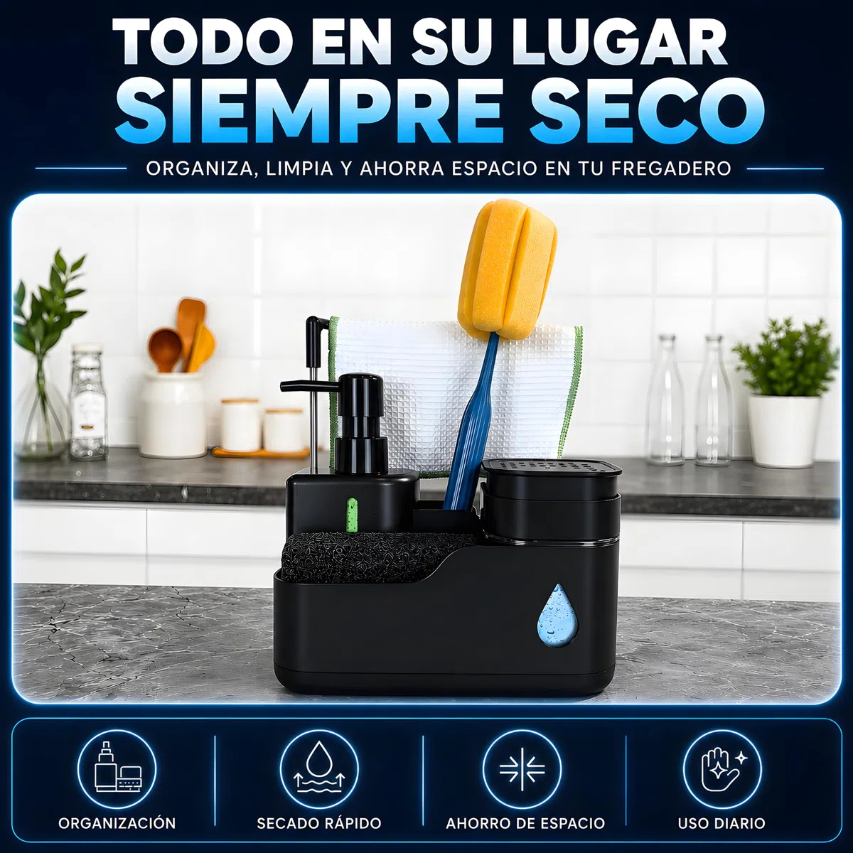 Dispensador Jabon Cocina - Dosificador Jabon Cocina - Jabonera Cocina - Organizador Cocina - Organizador Fregadero Cocina - Soporte Estropajo Fregadero (Negro)
