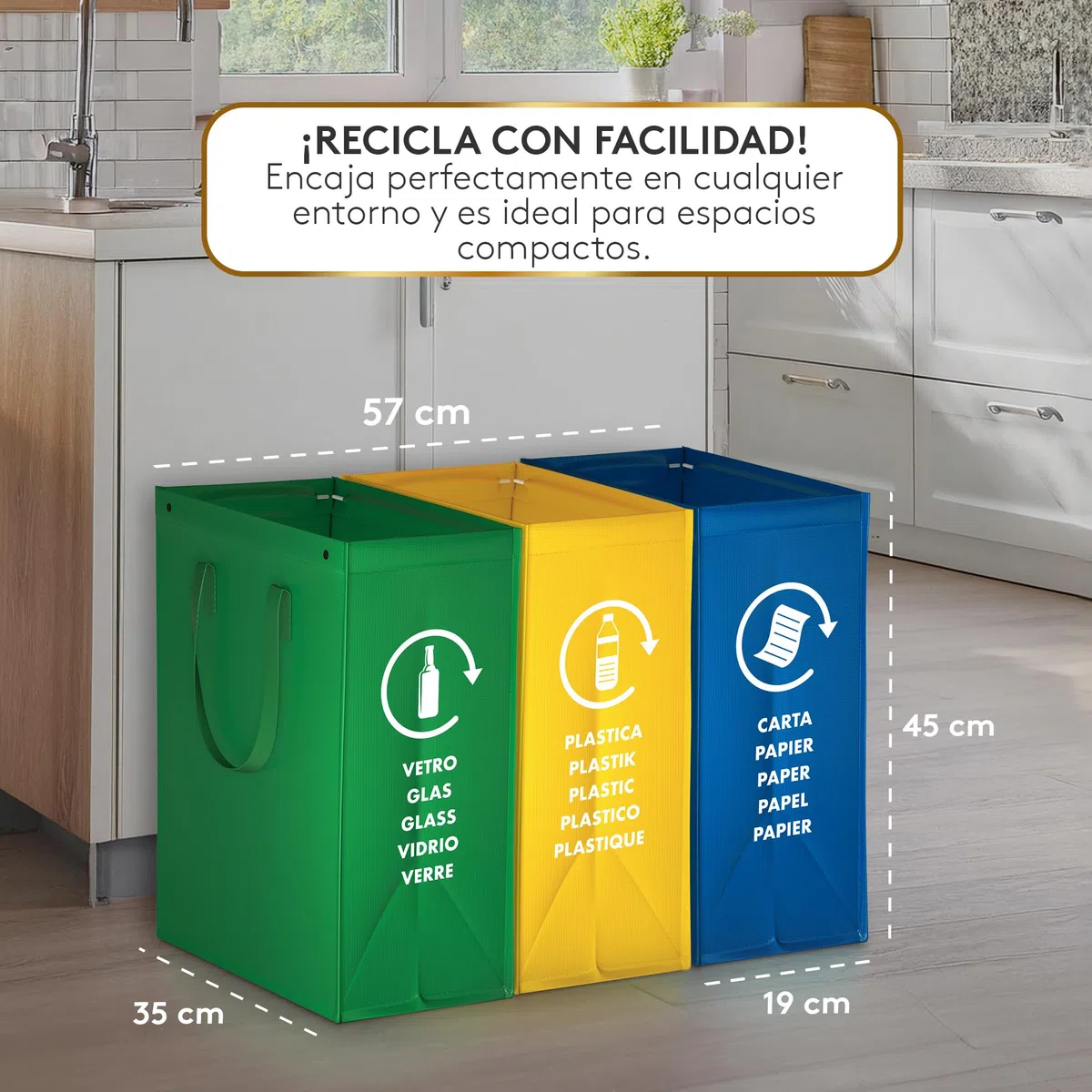 Cubos de basura de reciclaje - 3 Cubo de basura cocina para Papel, Plástico y Vidrio - Set de Cubo basura reciclaje con 3 Compartimentos - Bolsas para reciclar - Cubo reciclaje