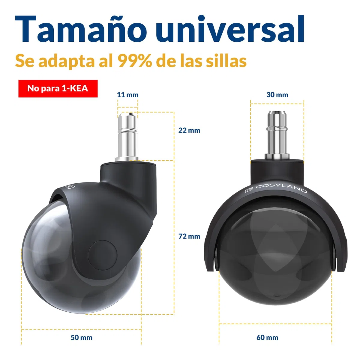 COSYLAND 5pcs Ruedas para Silla de Oficina 11 mm x 22 mm – Ruedas Gaming Silenciosas y Suaves – No Rayan el Suelo – Diseño Esférico Gris Humo