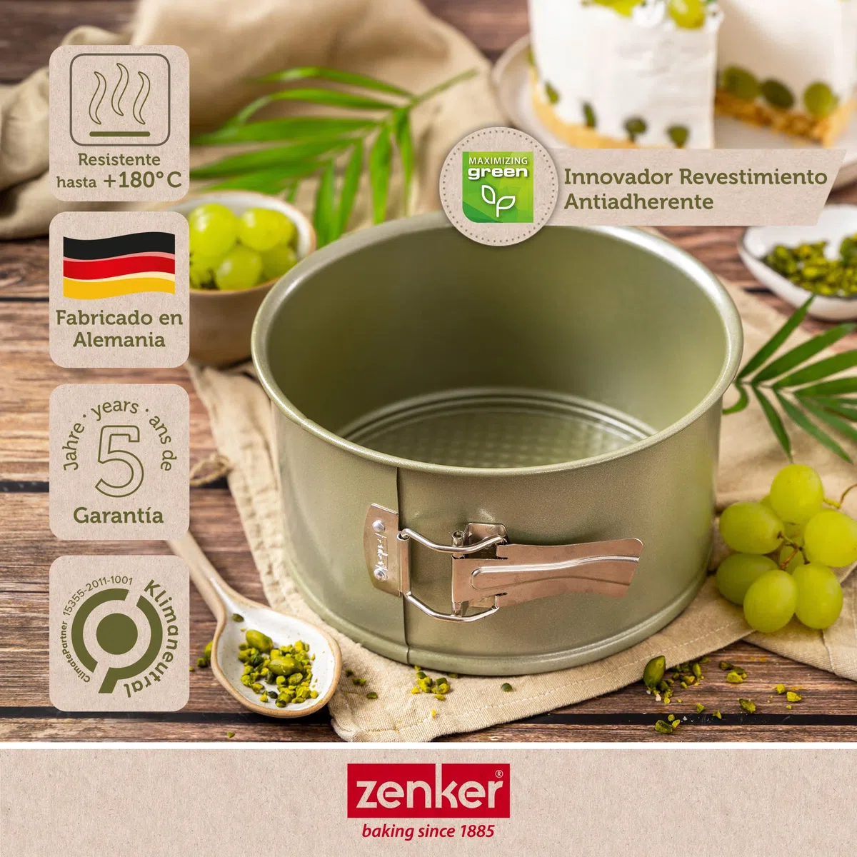 Zenker 7458 Molde de panettone con bisagras, molde verde sostenible antiadherente, ILAG, cera de carnauba, 18 cm