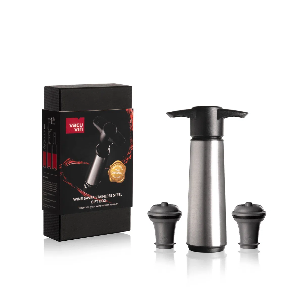 Vacu Vin Caja de regalo de acero inoxidable.