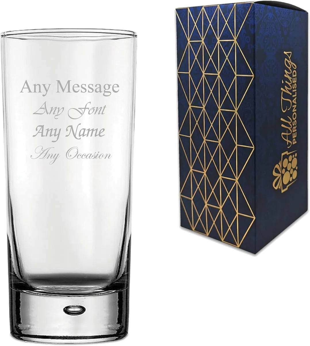 All Things Personalised Vaso de Tubo 365 ml - Vaso de Cristal con Burbuja Grabada - vaso Personalizado con Nombre para Cumpleaños, Navidad, el Día de la Madre - Apto Lavavajillas, con Caja de Regalo