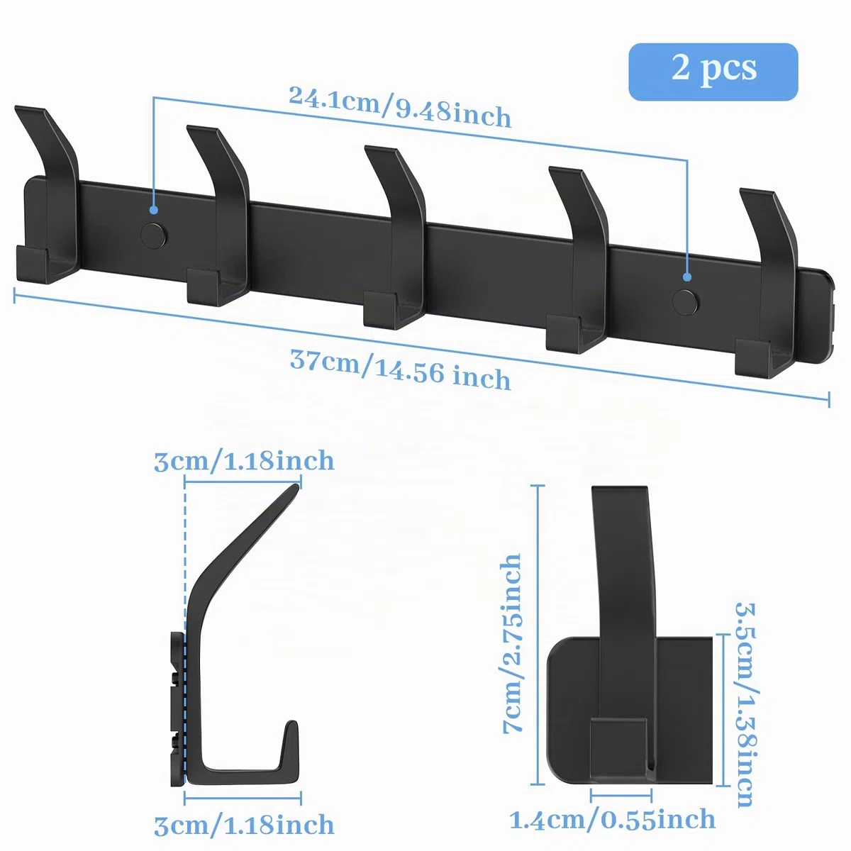Percheros Pared 2 Piezas, Colgador Pared Inoxidable con 5 Ganchos, Ganchos de Perchero Coat Hooks para Cocina, Baño y Dormitorio, Negro