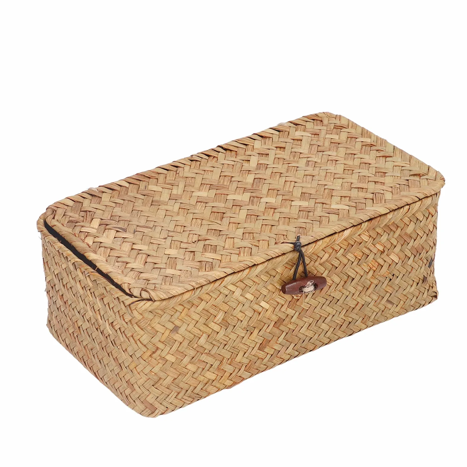 Cesta de Pasto Marino con Tapa, Organizador Tejido, Cestas de Almacenamiento, Cesta de Mimbre, Estante Rectangular, Contenedores, Caja Organizadora de Escritorio, Tamaño M