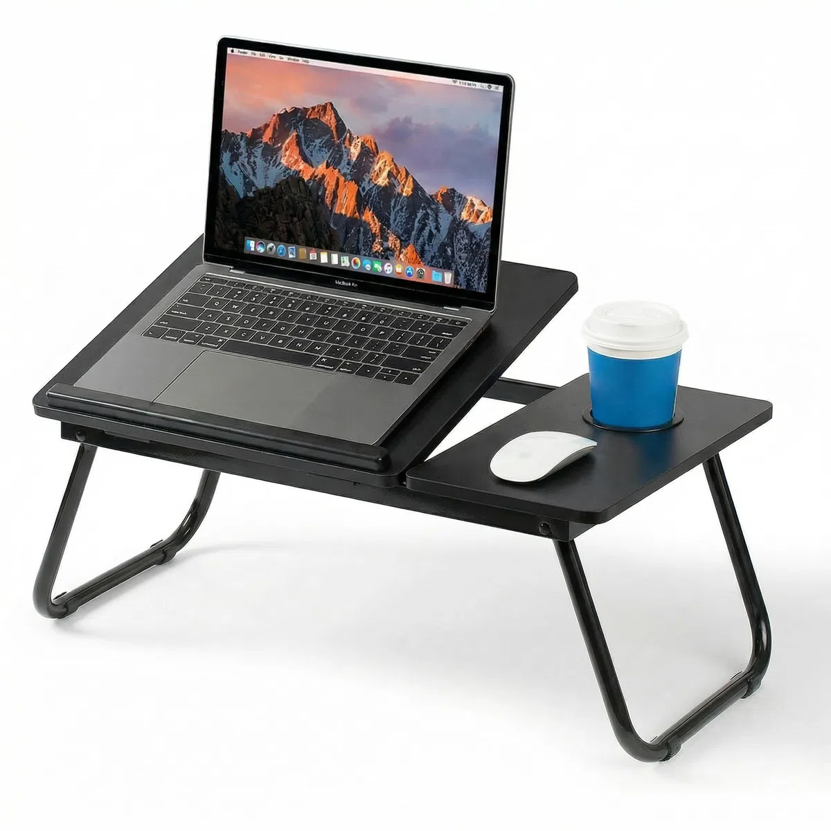 Mesa para Cama y Sofá - Plegable Bandeja para Cama con Tapa Ajustable y Portavasos, Mesa Cama Ordenador en Tablero MDF y Metal, 56x32x25 cm, Negro
