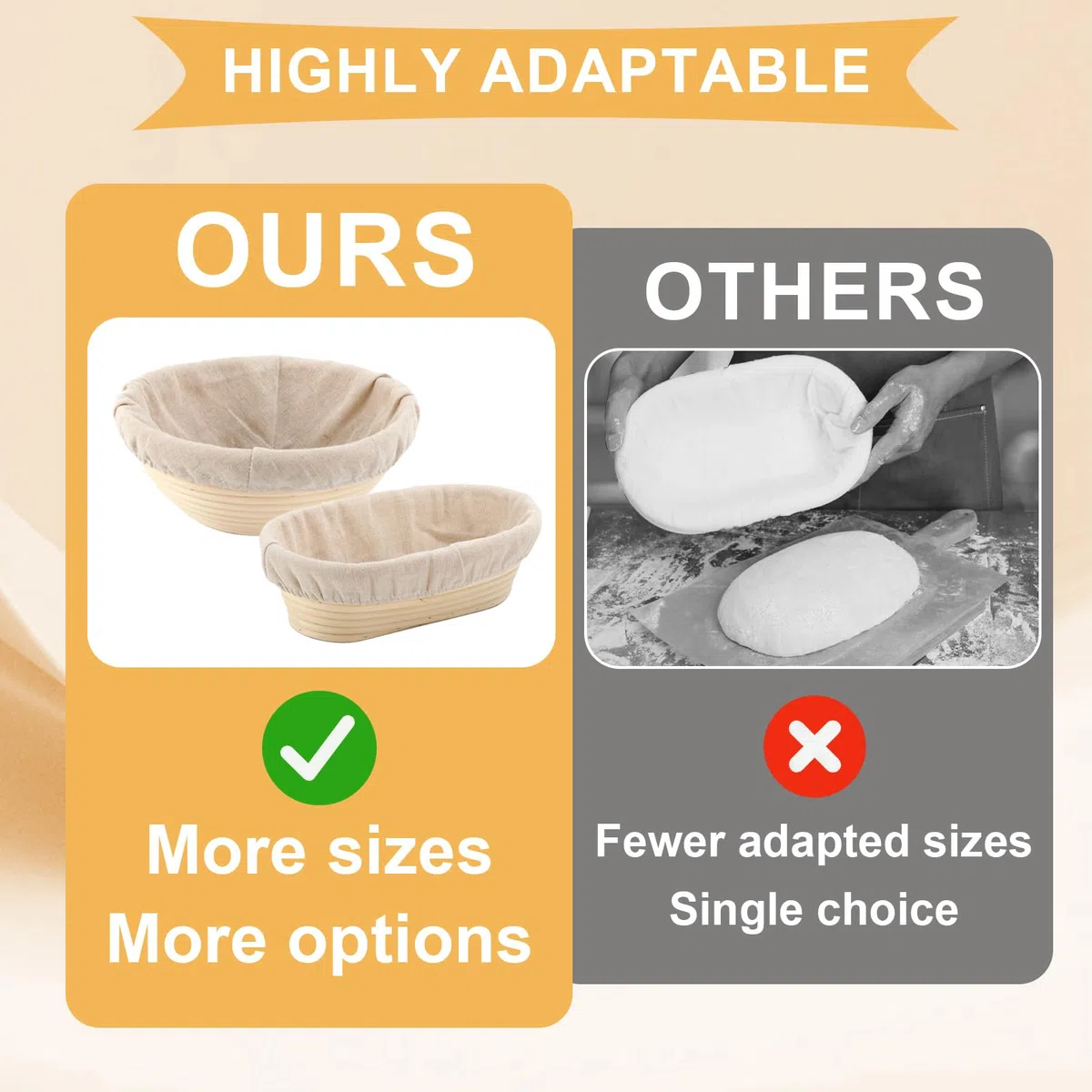 2 Paños de Lino Beige para Hornear Pan, Uno Redondo Y Otro Ovalado. Fundas Para Cestas De FermentacióN Para Preparar La Masa Y Hornear, Lino De Panadero (25cm+30cm)