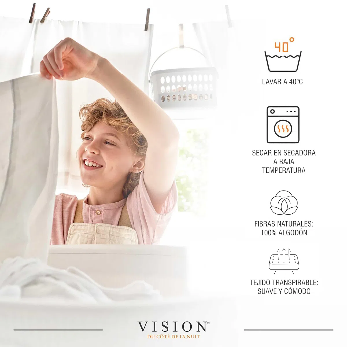 VISION Sábana Ajustable - 100% algodón - Cama Doble (150 x 200 cm) - Esquinas elásticas - Se Adapta a colchones de hasta 30 cm - Certificación Oeko-Tex - Lavable a máquina - Color: Blanco