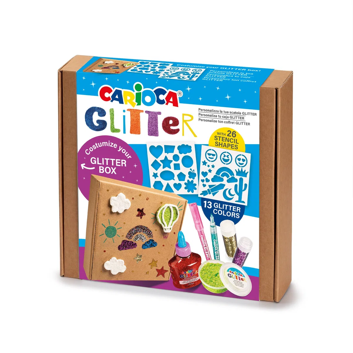 Carioca - Caja Regalo Manualidades Glitter, Set Pinturas Purpurina | Maletín Creativo De 39 Piezas Con Efecto Brillante, Contiene Plantillas Y Pegamento Glitter, Ideal Para Manualidades