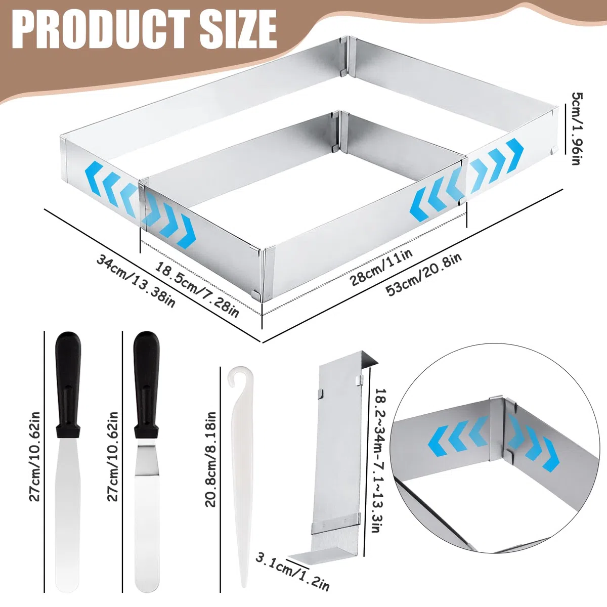 Marco rectangular ajustable de 5 cm de alto, molde rectangular de 27 x 18 hasta 52 x 33 cm, molde para tartas ajustable con paleta angular, acero inoxidable, molde rectangular para hornear,