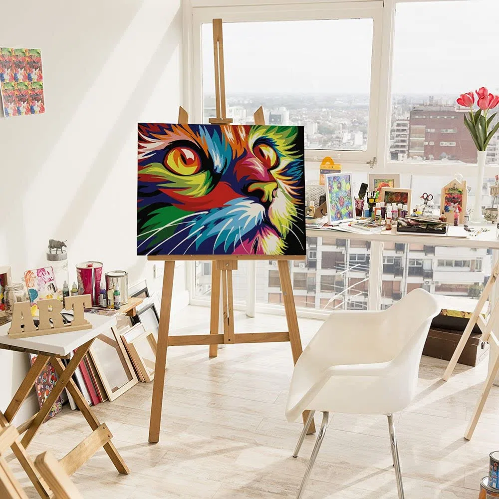 Artnapi Pintura por números Adultos con marco | DIY pintado a mano | Animales - Gato de colores | Kit para principiantes y adultos | Set que incluye pinturas acrílicas y pinceles | Lienzo 40x50cm