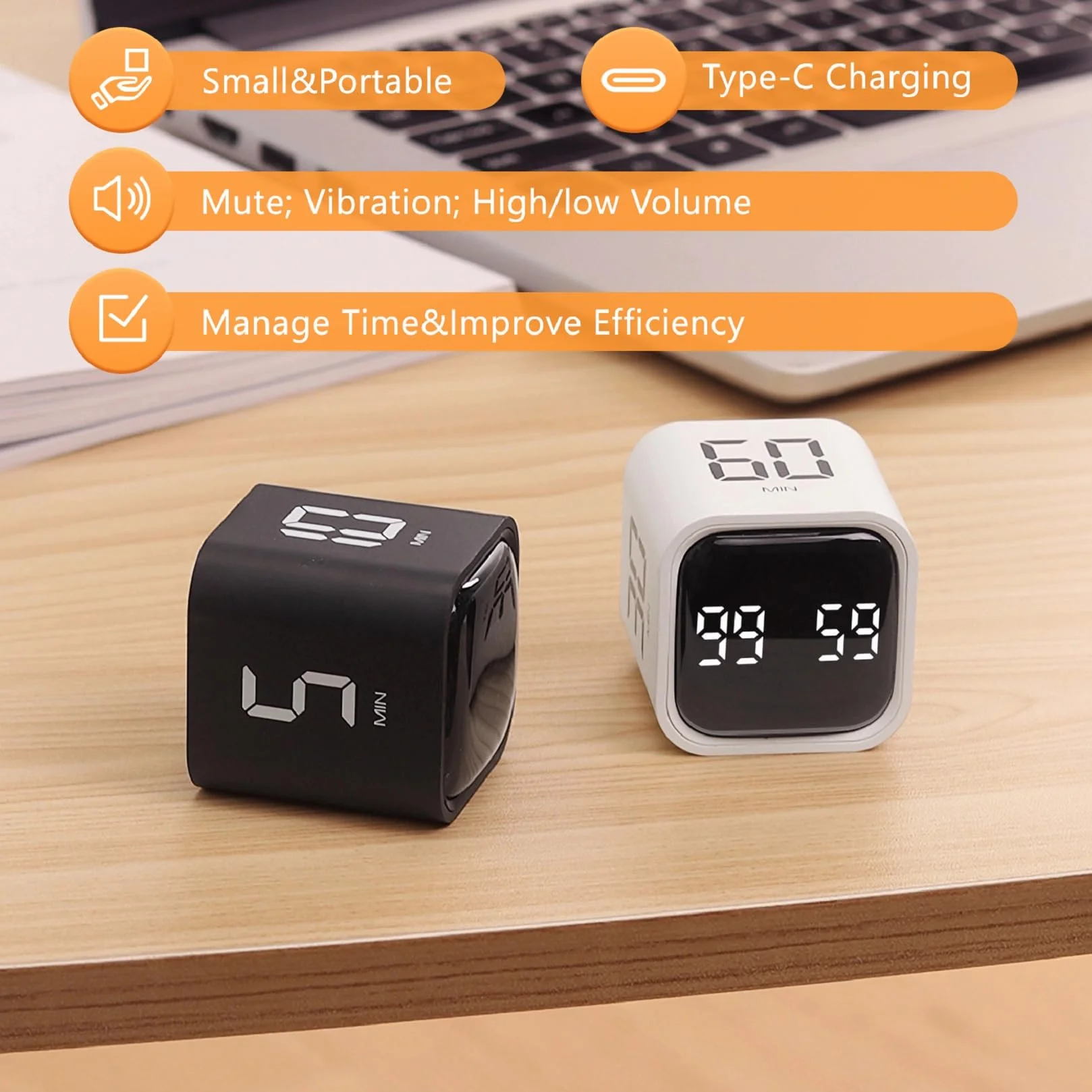 Cuteefun Cubo Temporizador, Pomodoro Timer Rotativo, 5/10/30/60 Minutos y Cuenta Atrás Personalizada, Temporizador Digital con Vibración, Alerta Sonora Ajustable para Cocina, Estudio, Reunión, Negro