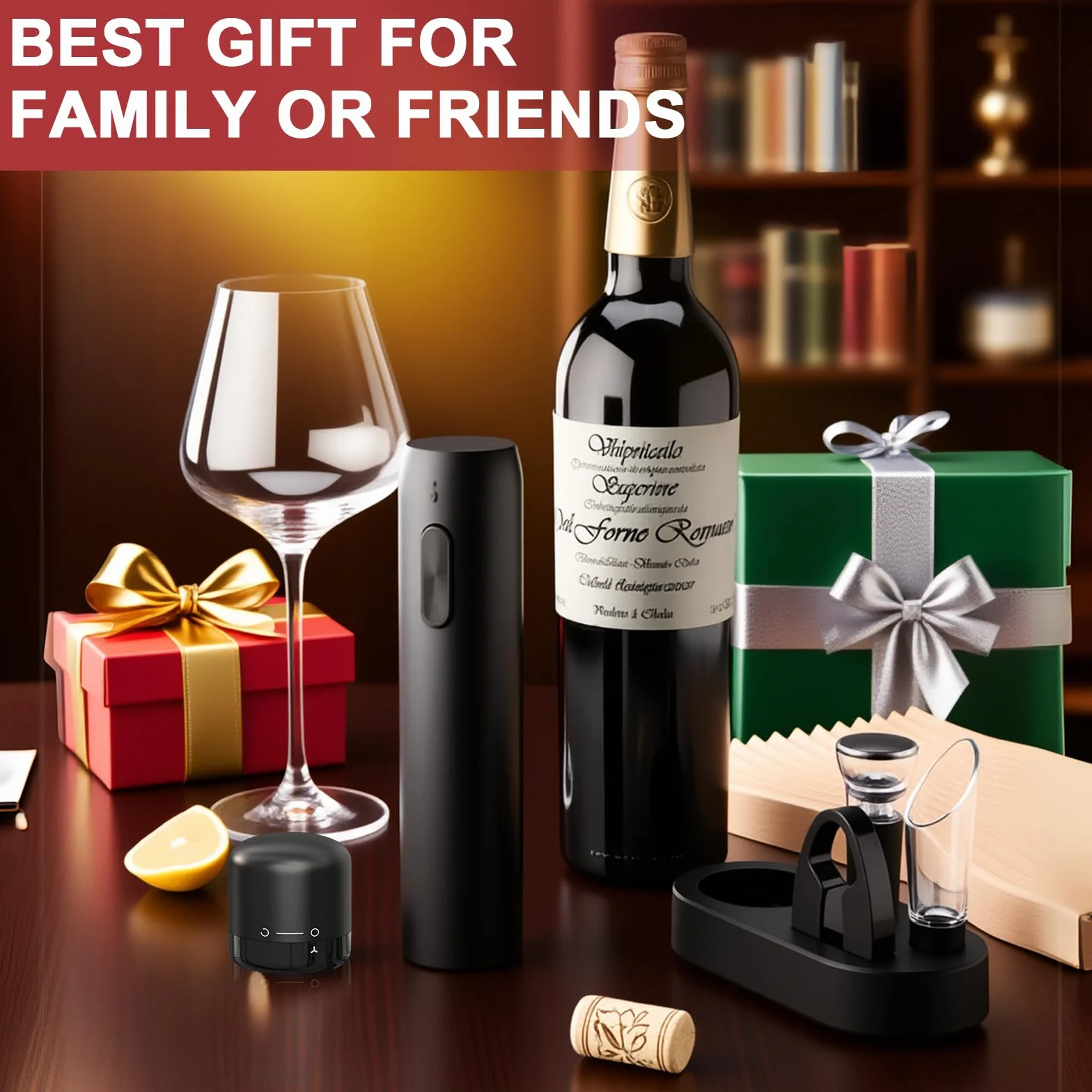UCAMP Sacacorchos Eléctrico Recargable,Abridor de Vino Eléctrico 6 en 1 Juego de Regalo,Abrebotellas Eléctrico con Base,Cortacápsulas,Vertedor y Tapón de Vacío,Cable USB,Regalo de para Los Amantes