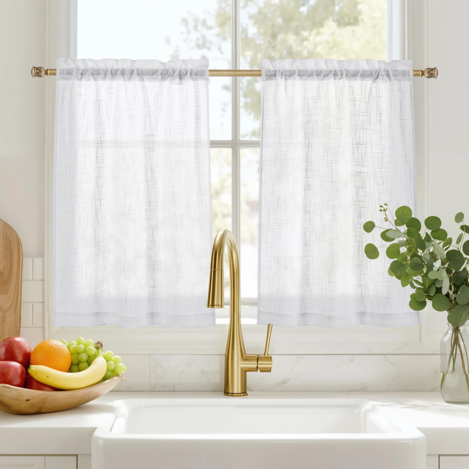 PONY DANCE Cortinas Cortas para Ventanas Laterales 60x90cm de Cocina 2 Piezas, Cortinas Blancas Translucidas con Aspecto de Lino para Comedor con Bolsillos de Barra