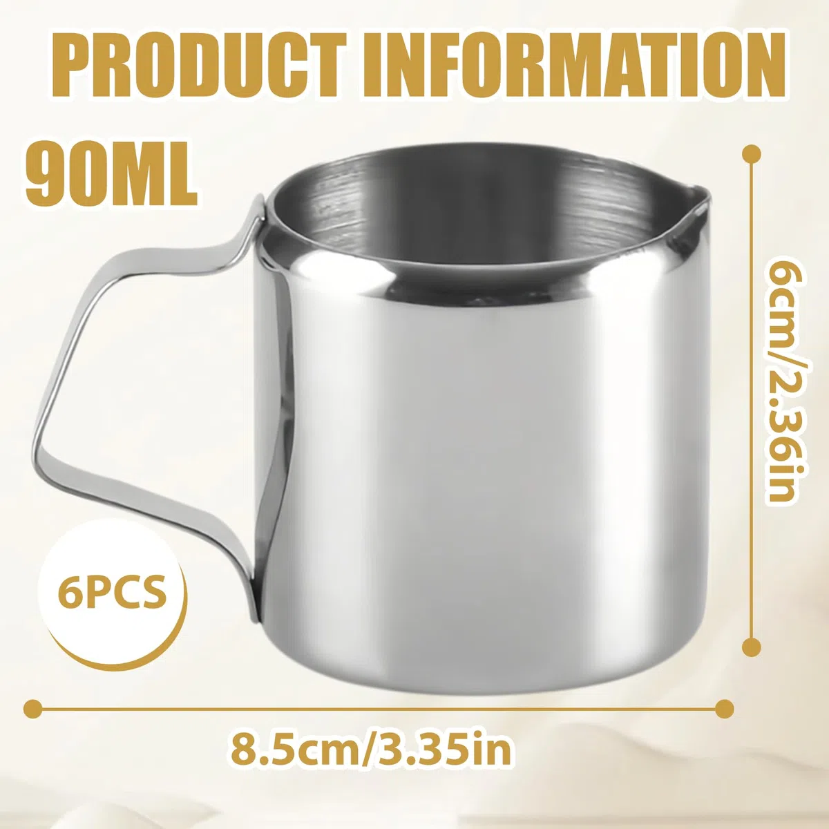 Juego de 6 jarras de leche de acero inoxidable, 90 ml, mini jarra de espuma de leche de 3 oz, pequeñas jarras para café y café con leche