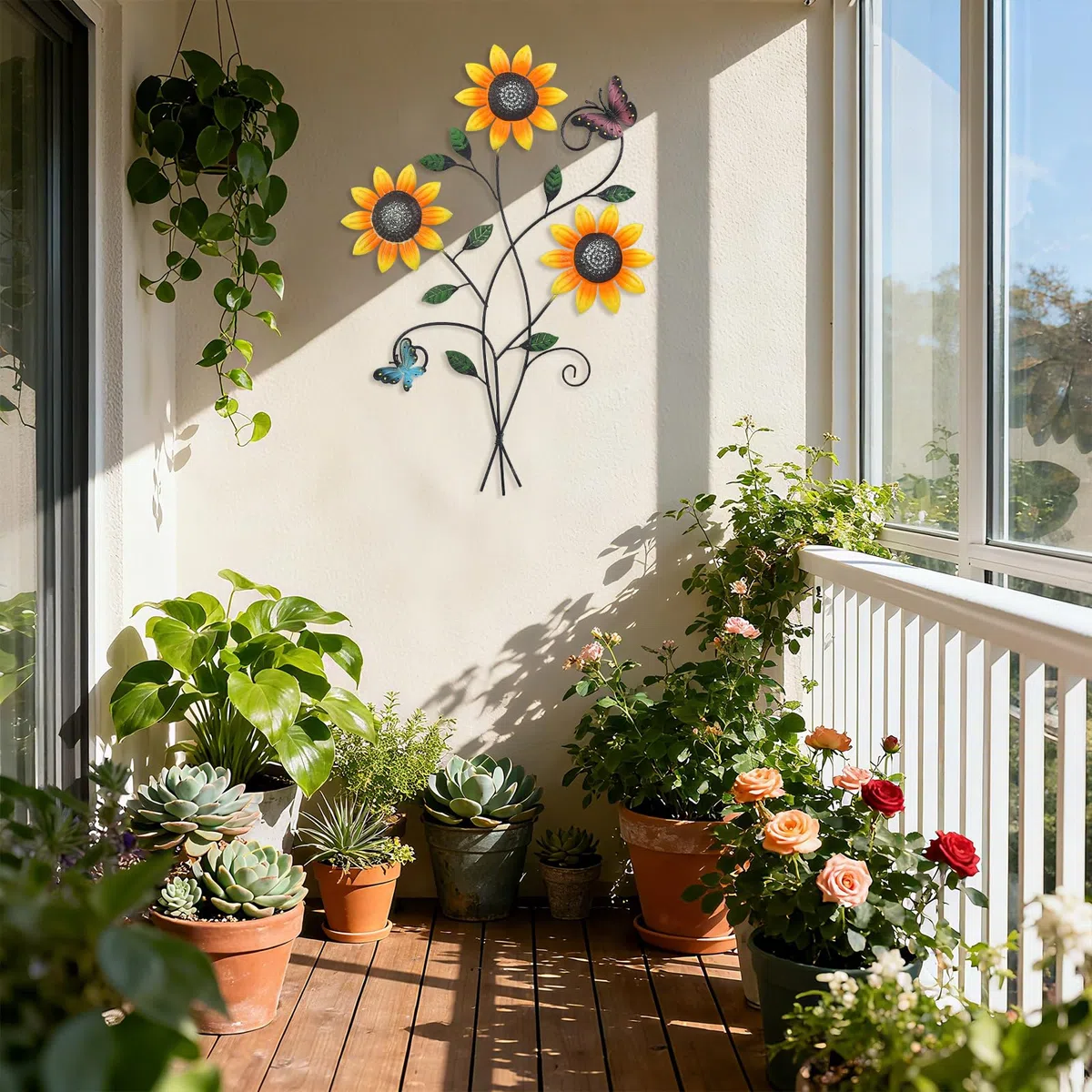DETENE Flores Metalicas Decoracion Pared Decoración de Pared de Metal Girasol con Mariposa Decoración de Las Paredes del Jardín para Sala de Estar,Comedor Balcón y Patio (Luz nocturna)