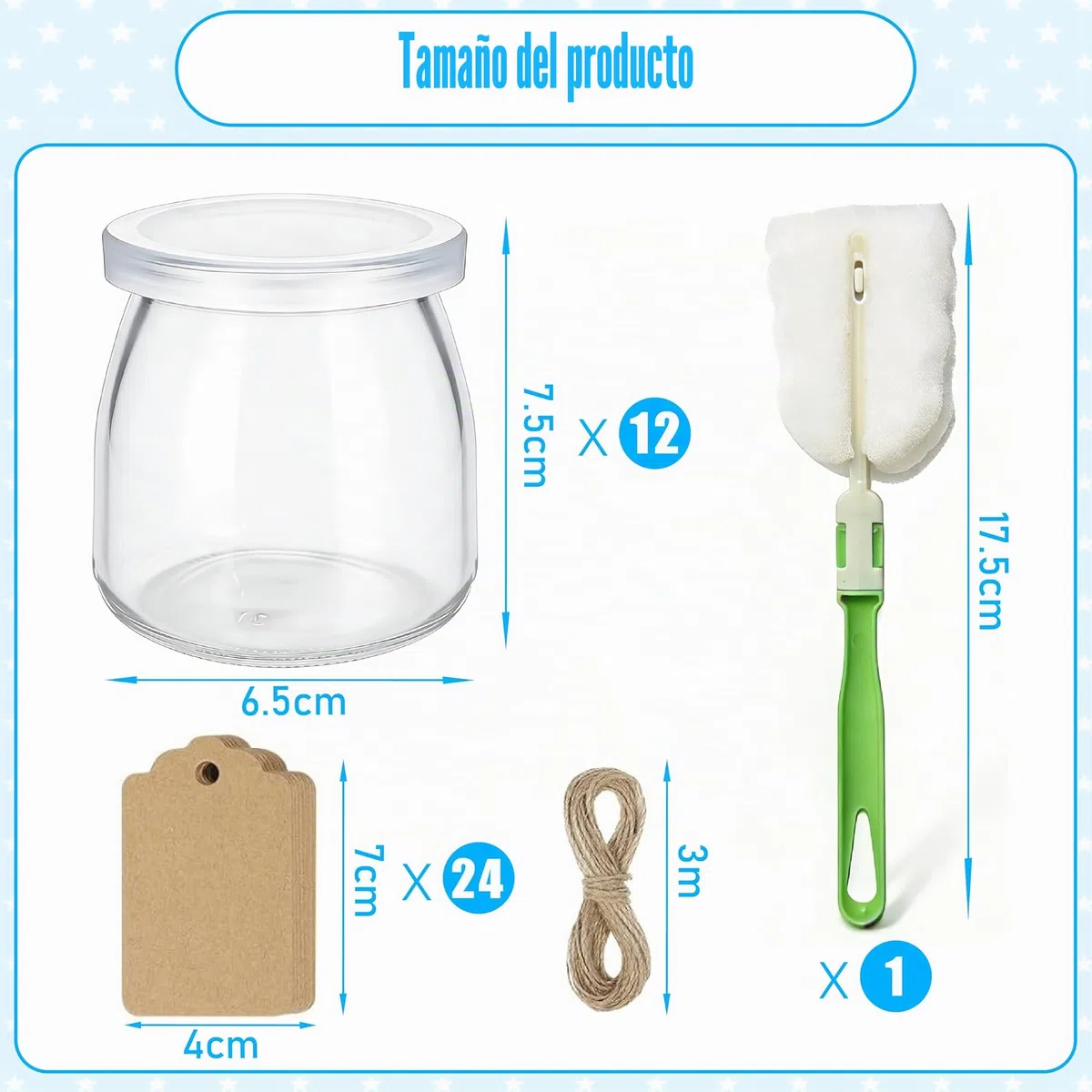 Lote de 12 macetas de yogur de vidrio 200 ml con tapas, sin BPA, + 1 cepillo, 24 etiquetas y 3 m de cuerda, para yogur casero, pudín, postres y conservación de alimentos