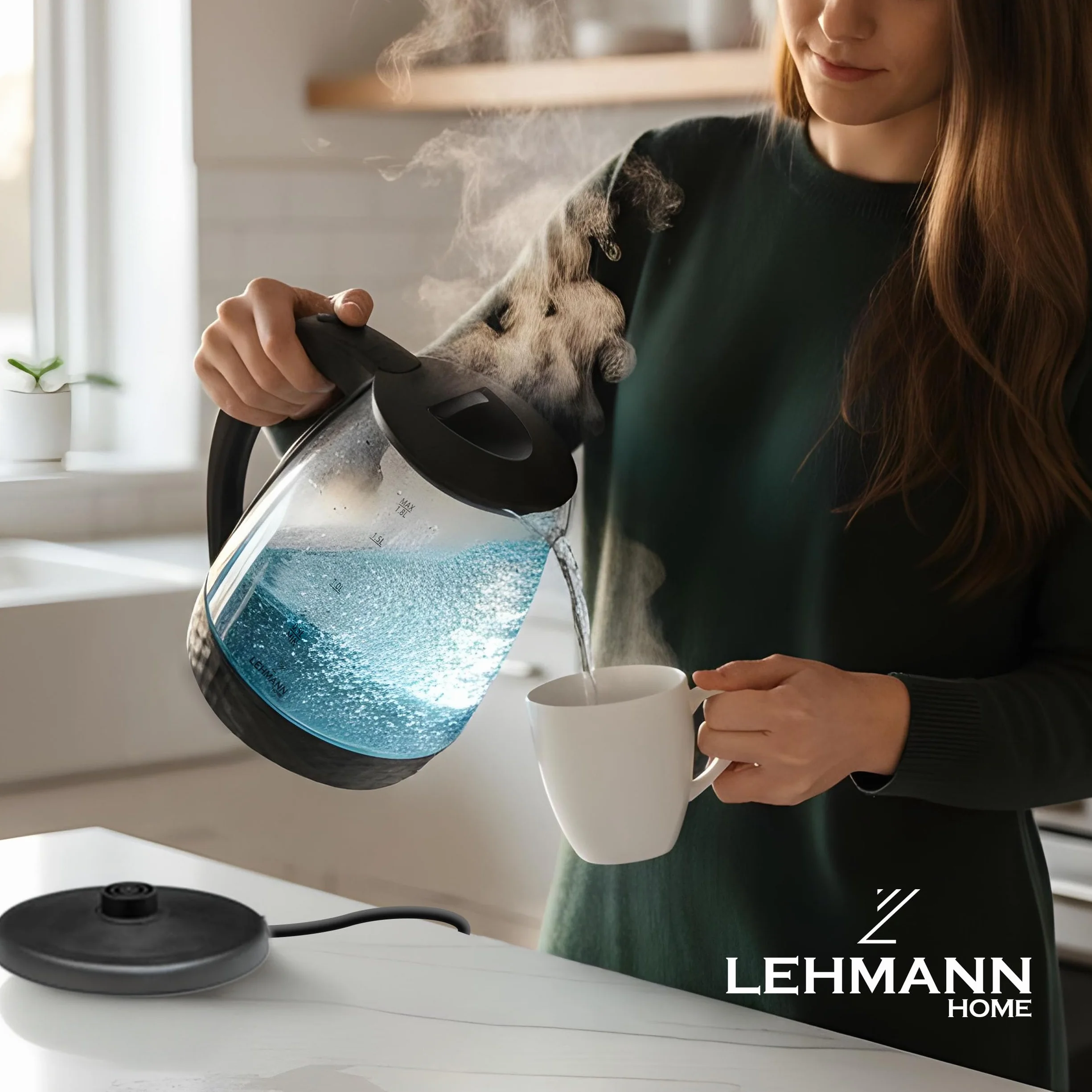 Lehmann LHOEK-2220C Hervidor eléctrico de vidrio para cocina, 2 L, 2200 W, hervidor eléctrico de vidrio, hervidor de agua con tanque iluminado y pedestal decorado, cocción rápida y gran capacidad