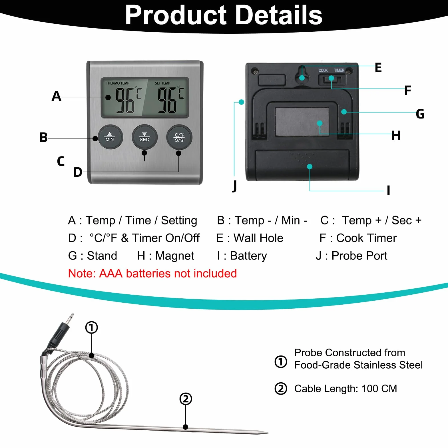 Termómetro Digital para Carne y Barbacoa con Pantalla LCD Grande, Sonda de Acero Inoxidable y Temporizador, Termómetro de Cocina paraHorno, Ahumador, Parrilla y BBQ