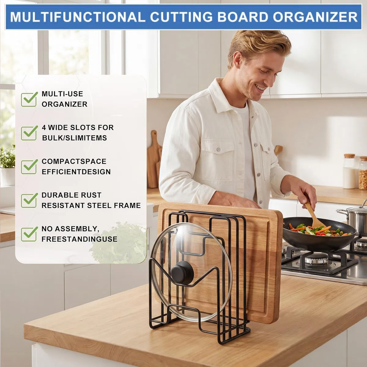Soporte para Bandejas De Cocina y Tablas con 4 Compartimentos, Organizador Metálico para Tapas De Ollas, Espátulas, Platos y Bandejas De Horno