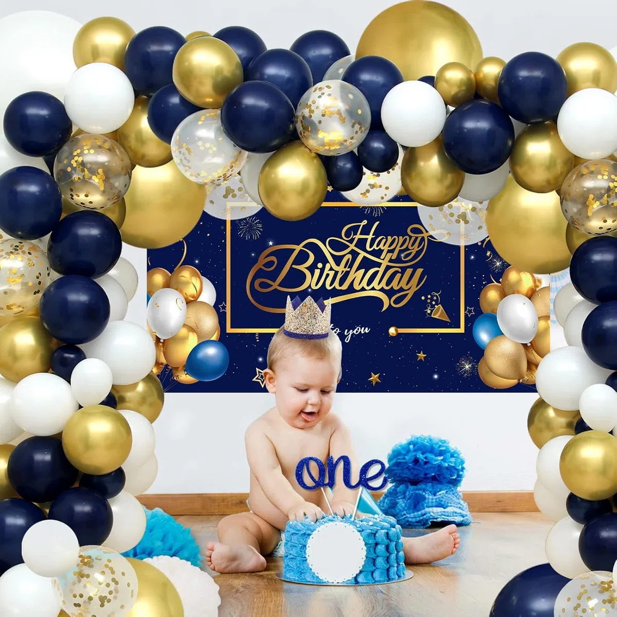 Kit de arco de globo azul marino con fondo,98Pcs kit de arco de guirnalda de globo azul marino para hombres,decoración de fiesta de cumpleaños,baby shower,espacio,telón de fondo de primer cumpleaños