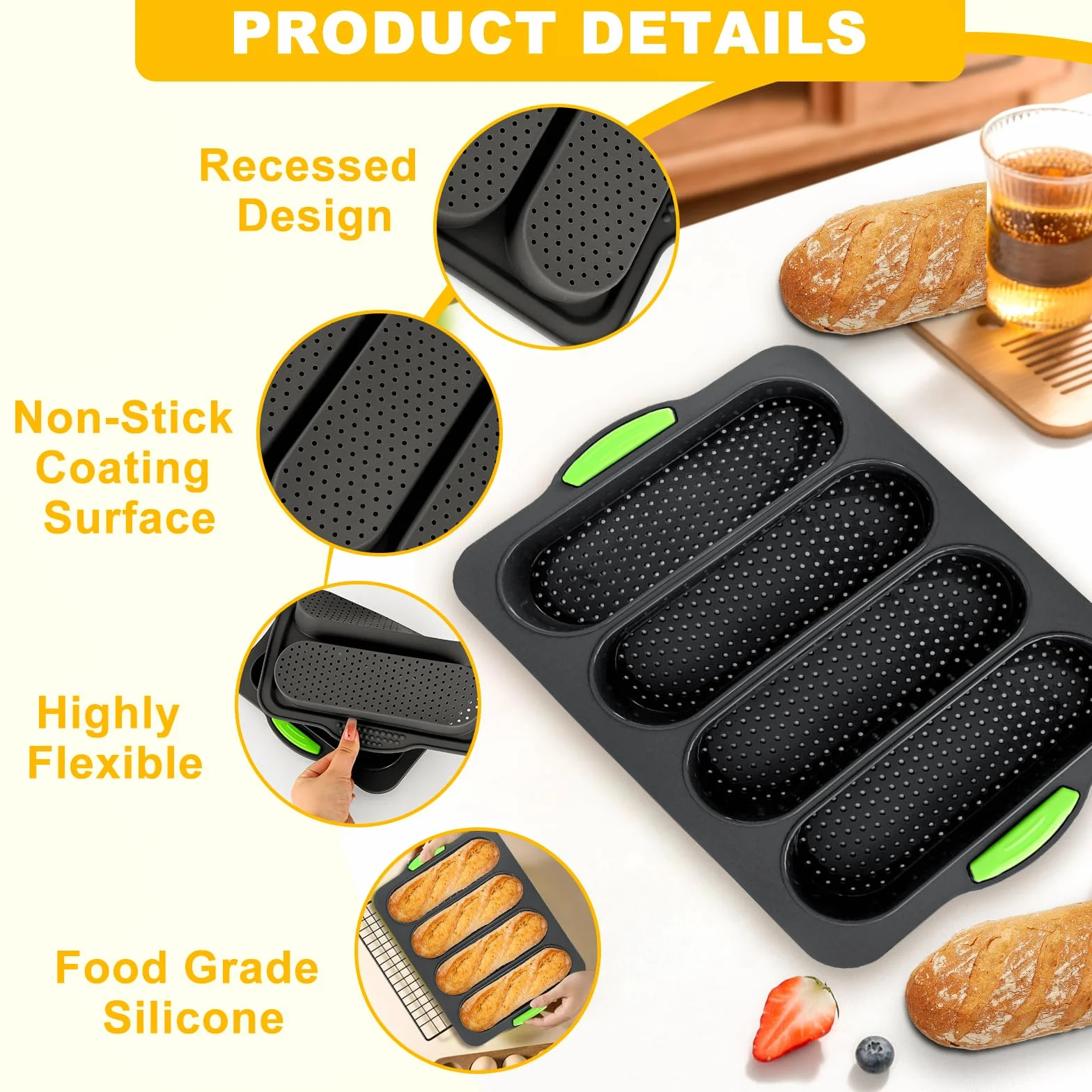 Molde De Silicona Para Baguette, Baguette Bandeja para Hornear, Perforada Francés Pan, Bandeja Baguette, Molde Antiadherente con Cepillo, 4, 8 Cavidades, 34 x 24 x 2.5 cm, 2 Piezas