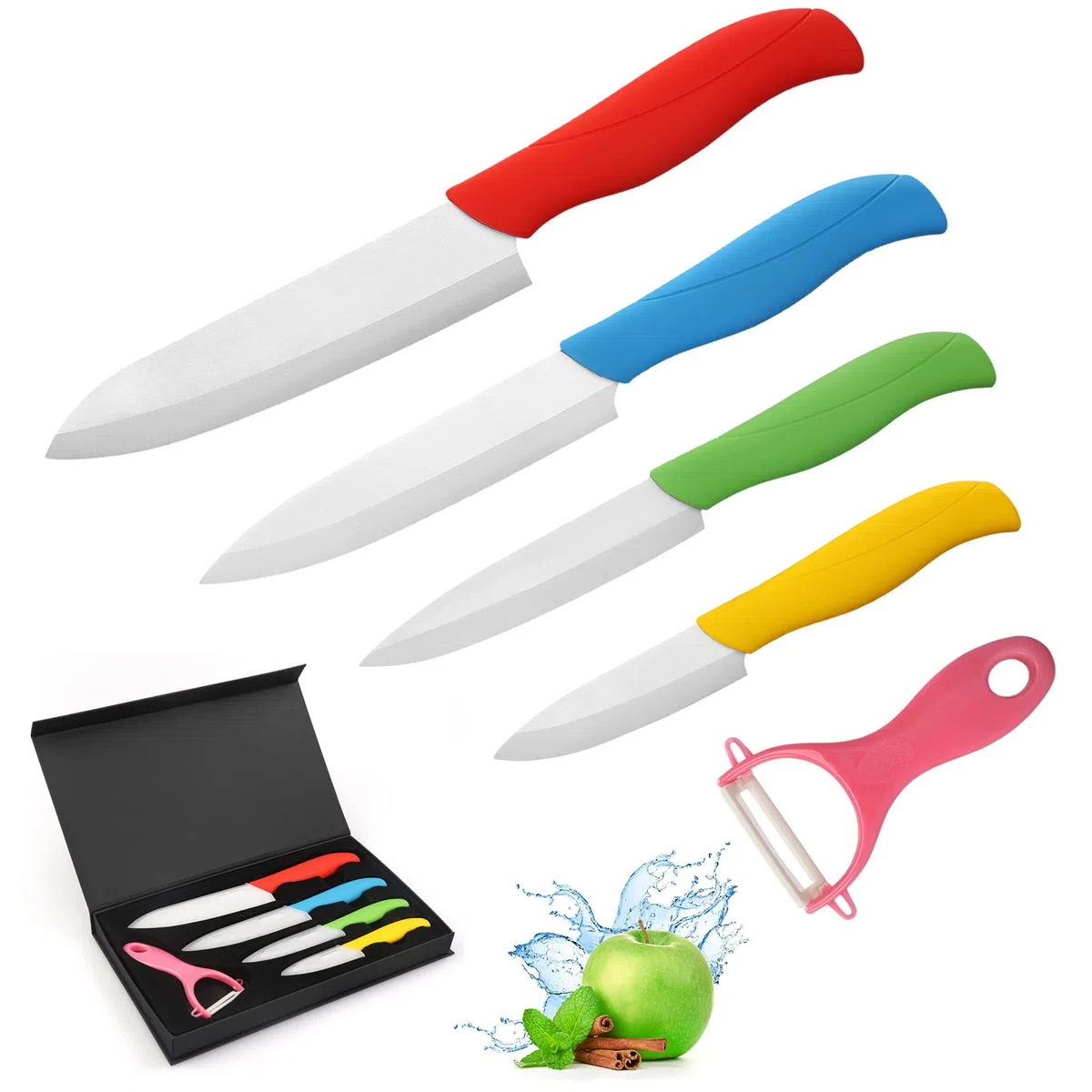 Ballery Cuchillos de Cocina, Cuchillos de Cerámica Set Cuchillos Cocina Profesional Chef con 4 x Cuchillos Ceramica y 1x Pelador Equipado con Mango Cómodo, en Diversos Colores
