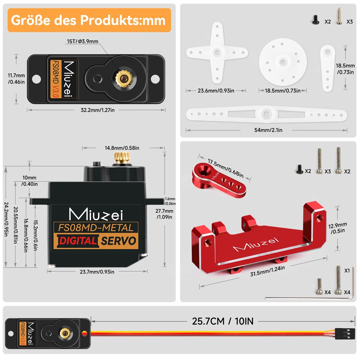 Miuzei Micro Servo Motor Copper Metal Gear Digital RC 180 Degree Mini Servo Motor for SCX24 AX24 Arduino Robot Arm 1/24 Car Boat with Servo Cable Horn Servo Mount Accessories