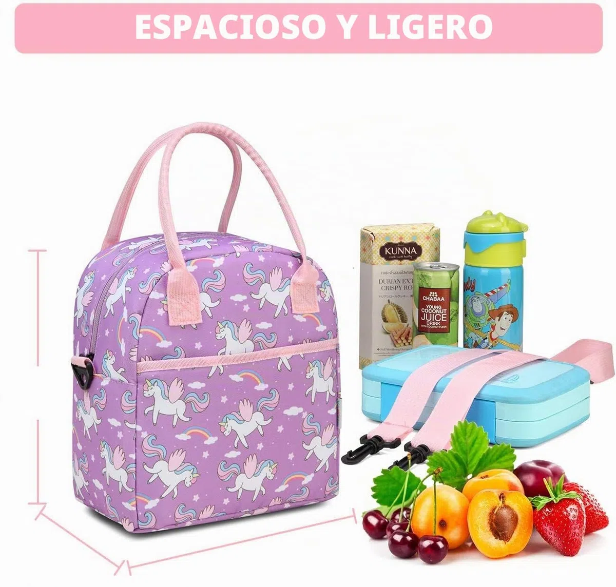 VASCHY Bolsa Almuerzo Infantil, Bolsa Termica Porta Alimentos para Niñas Bolsa Merienda Infantil Bolsa Termica Comida 8.2 Litros para la Escuela con Asa y Correa Desmontable, Unicornio