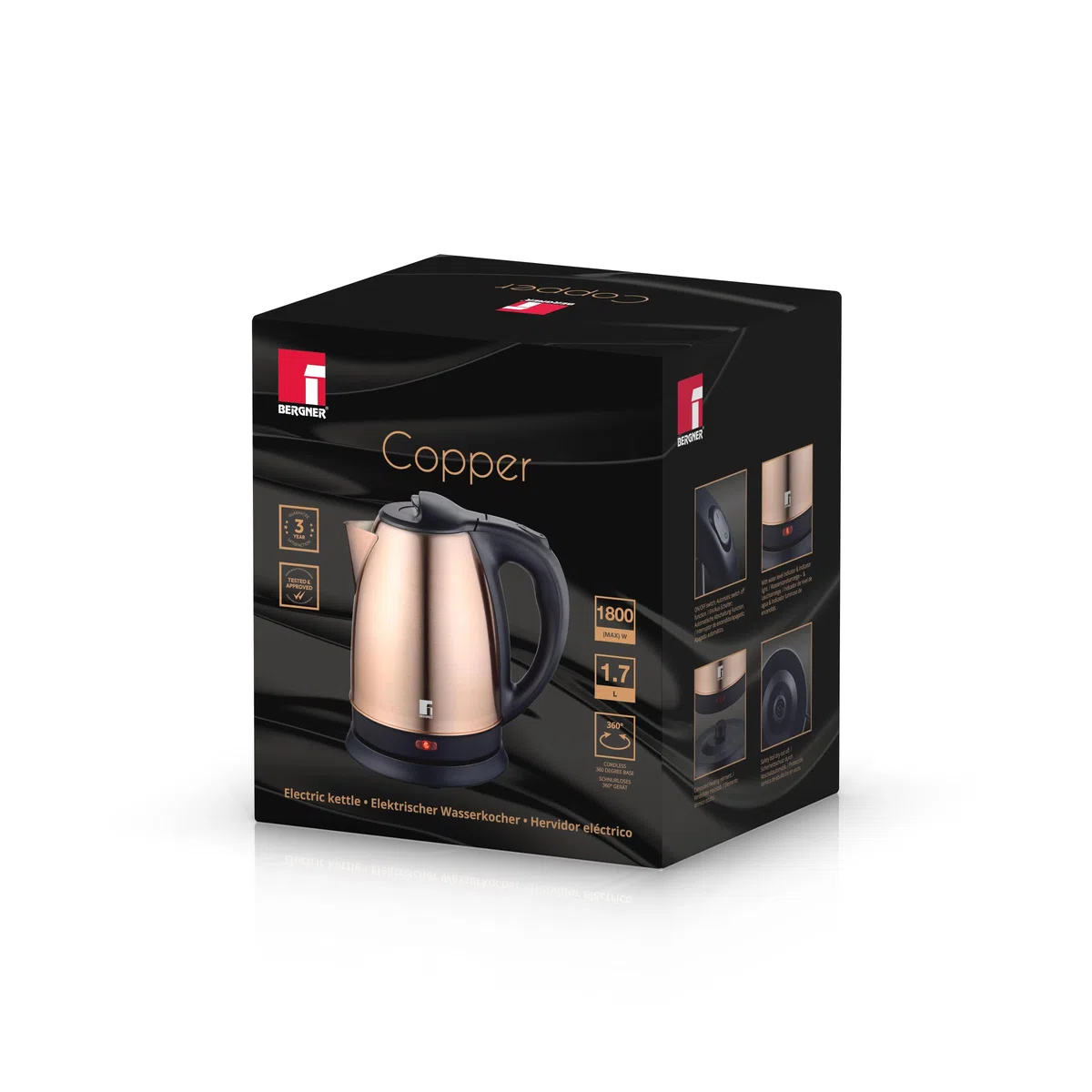 BERGNER Copper - Tetera Eléctrica de 1.800 W - Capacidad de 1.7 Litros - 1800 W - Función Apagado Automático - Desconexión De Seguridad Por Ebullición - Base inalámbrica de 360 grados