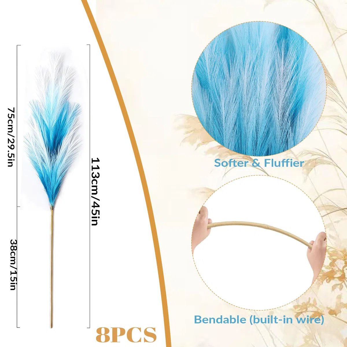 8 Piezas 113CM Grandes Pampas Secas Artificial Hierba de Pampas Grandes Artificial Flores Secas Decoracion para Jarrones,Mesa,Bodas,Boho Decoracion (Azul Degradado)