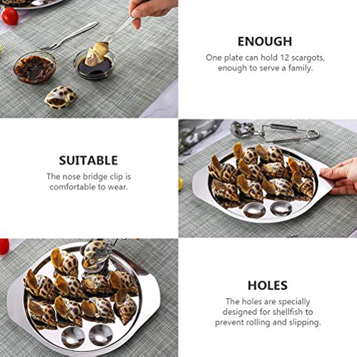 2 platos de escargot, plato de escargot de acero inoxidable, 12 agujeros de compartimento, plato de caracol horneado, bandeja redonda para servir utensilios de cocina