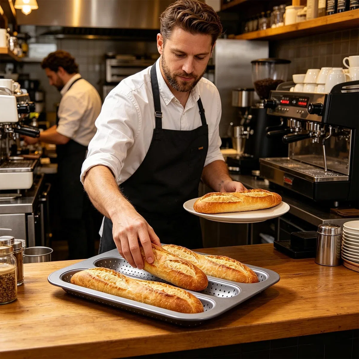Genérico Molde Para Baguette De Acero Al Carbono, 25.5x32cm Palito Francés Paras 3 Baguettes Perforadas, Bandeja Paras Hornear Baguette Antiadherente, Para Horno Doméstico, Cocina, Refrigerador
