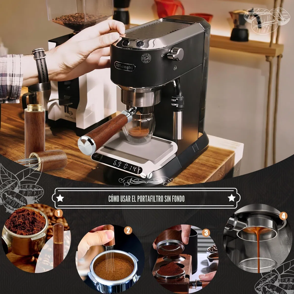 Portafiltro sin fondo de 51 mm – compatible con DeLonghi Dedica EC680/EC685, Portafiltros de 51 mm con 2 filtros de acero inoxidable y agitador de café de 5 agujas – 3 Ears