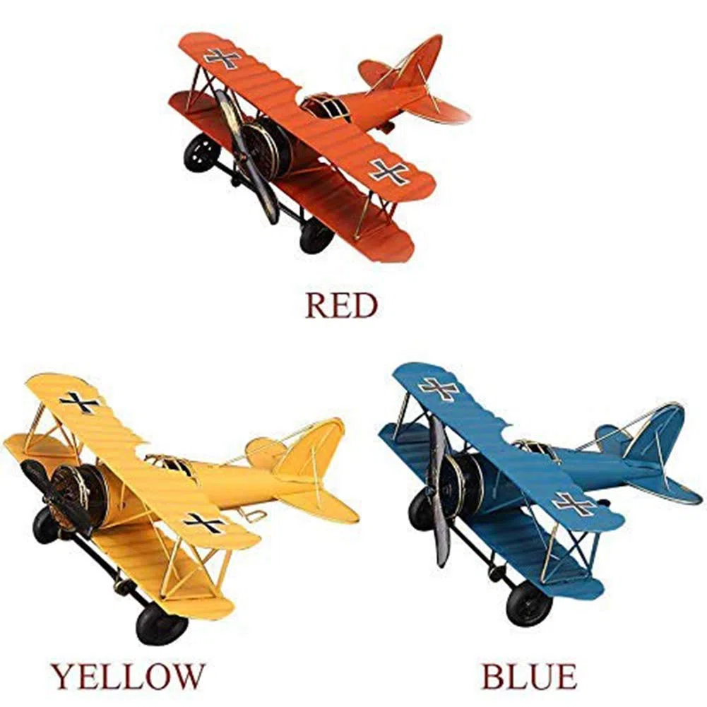 Modelo de avión vintage, biplano, colección de adornos de oficina - amarillo (21,5 x 17,7 x 9 cm)