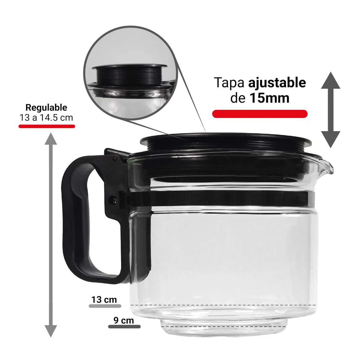 Sanfor - Jarra Cafetera Universal Grande| Jarra de Cafetera Americana o de Goteo Eléctrica | Recipiente Base 85mm, capacidad 1 Litro | Tapa Antigoteo Altura Regulable 1,30-14,5 cm | Taza de Vidrio