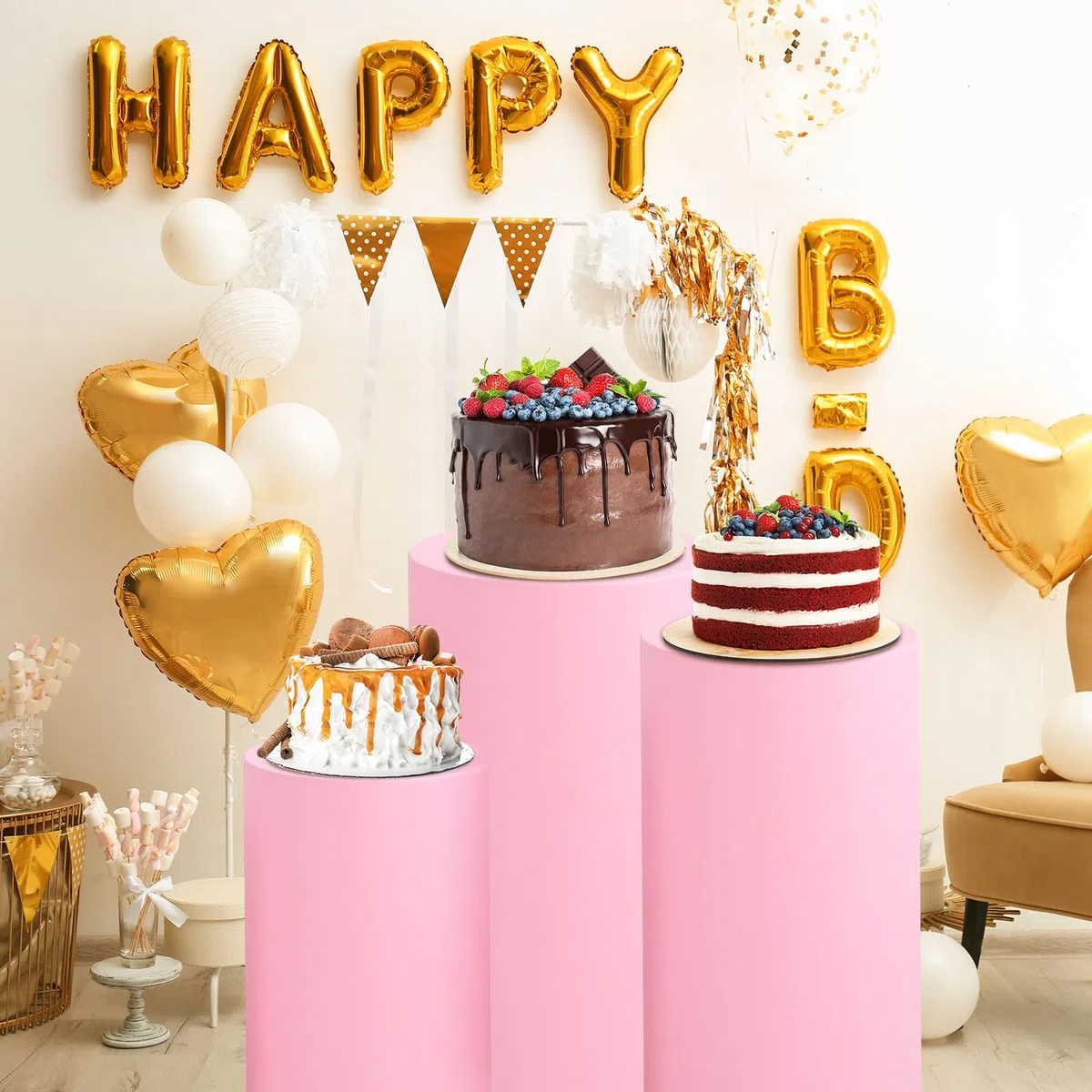 QUARKZMAN Juego De 3 Fundas De Cilindro De Spandex Rosa Claro, Funda De Pedestal Para Decoración De Fiesta Boda Cumpleaños, Solo Contiene Fundas De Cilindro (Tela Elástica - Pequeño)