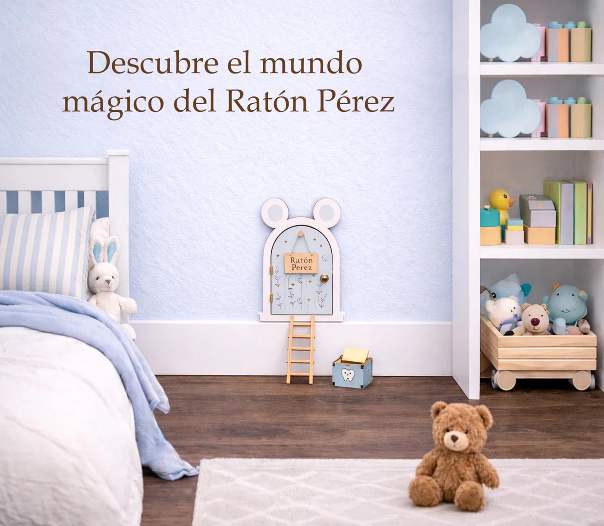 Zaldun-Puerta Ratoncito Pérez – Casita Ratoncito Pérez de Madera | Caja para Dejar Dientes,Escalera, certificados y Moneda - Se Abre la Puerta. (Azul)