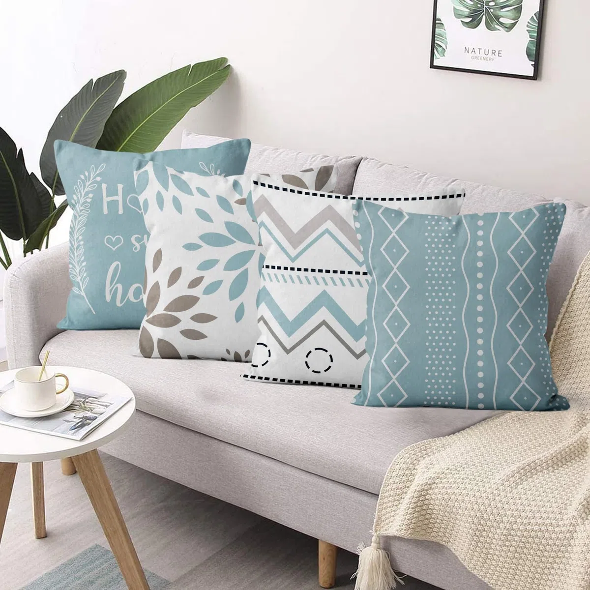 Azul Fundas de Cojín 40x40 cm Juego de 4, Moderno Azul Gris Blanco Geometría Estampado Rústico Cuadrado Sofá Decorativo Lavable Poliéster Lino Textil Exterior Jardín Funda de Almohada