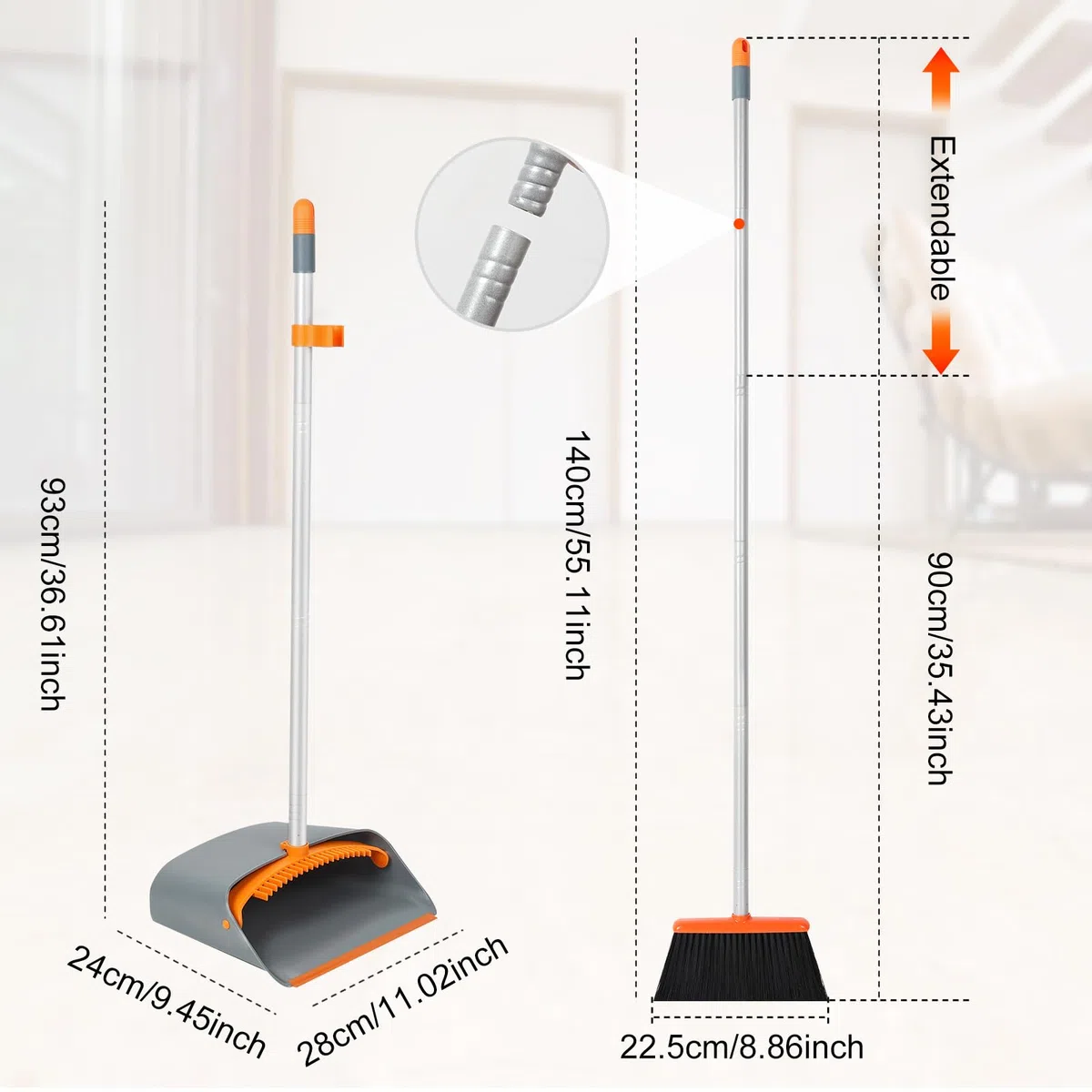 Escoba y recogedor, barredora y recogedora de Polvo Combinados con una manija Extensible de 137 cm de Largo para el Barrido de Limpieza del hogar, Naranja