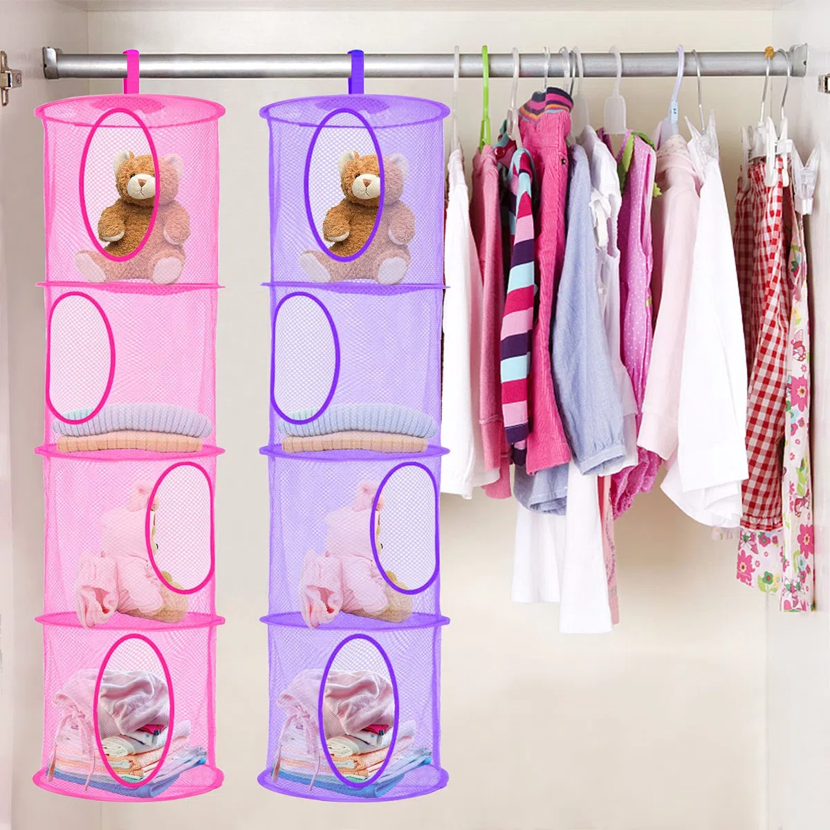 LIVEHITOP 3PC Red de Almacenamiento Colgante, Cesta de Almacenamiento Plegable de 4 Niveles para Ahorrar Espacio para Habitación de Niños, Baño, Balcón (Pink, Rosa, Púrpura)