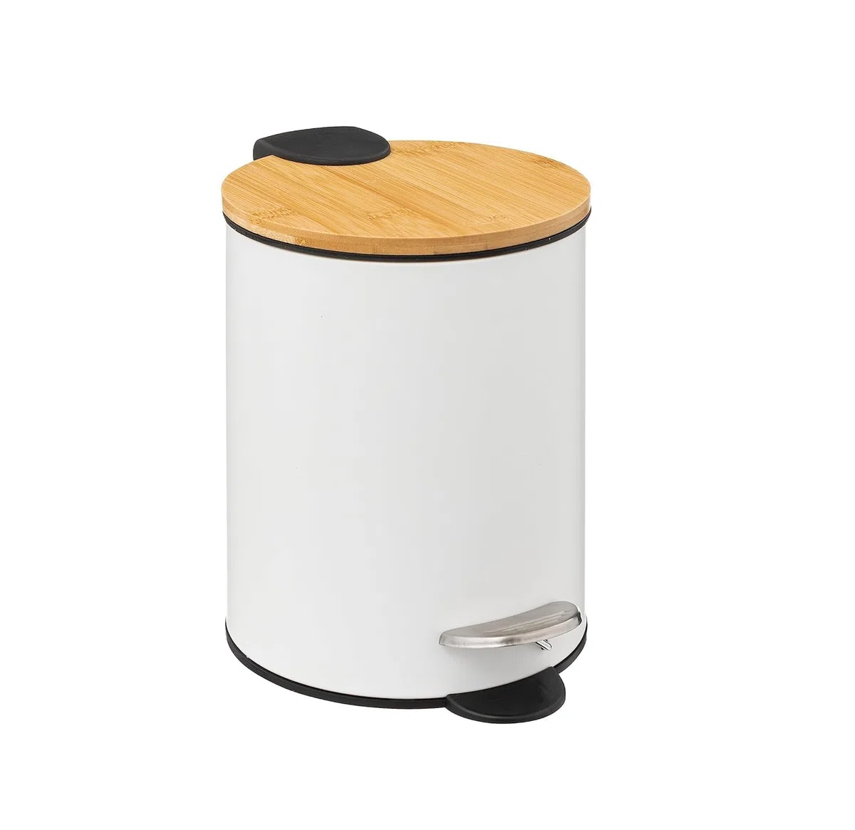 DAMDAM GO Papelera de Baño con Tapa de Bambú 3L – Cubo de Basura con Pedal y Cierre Suave Silencioso, Diseño Elegante Antihuella para Baño, Cocina u Oficina (Blanco)