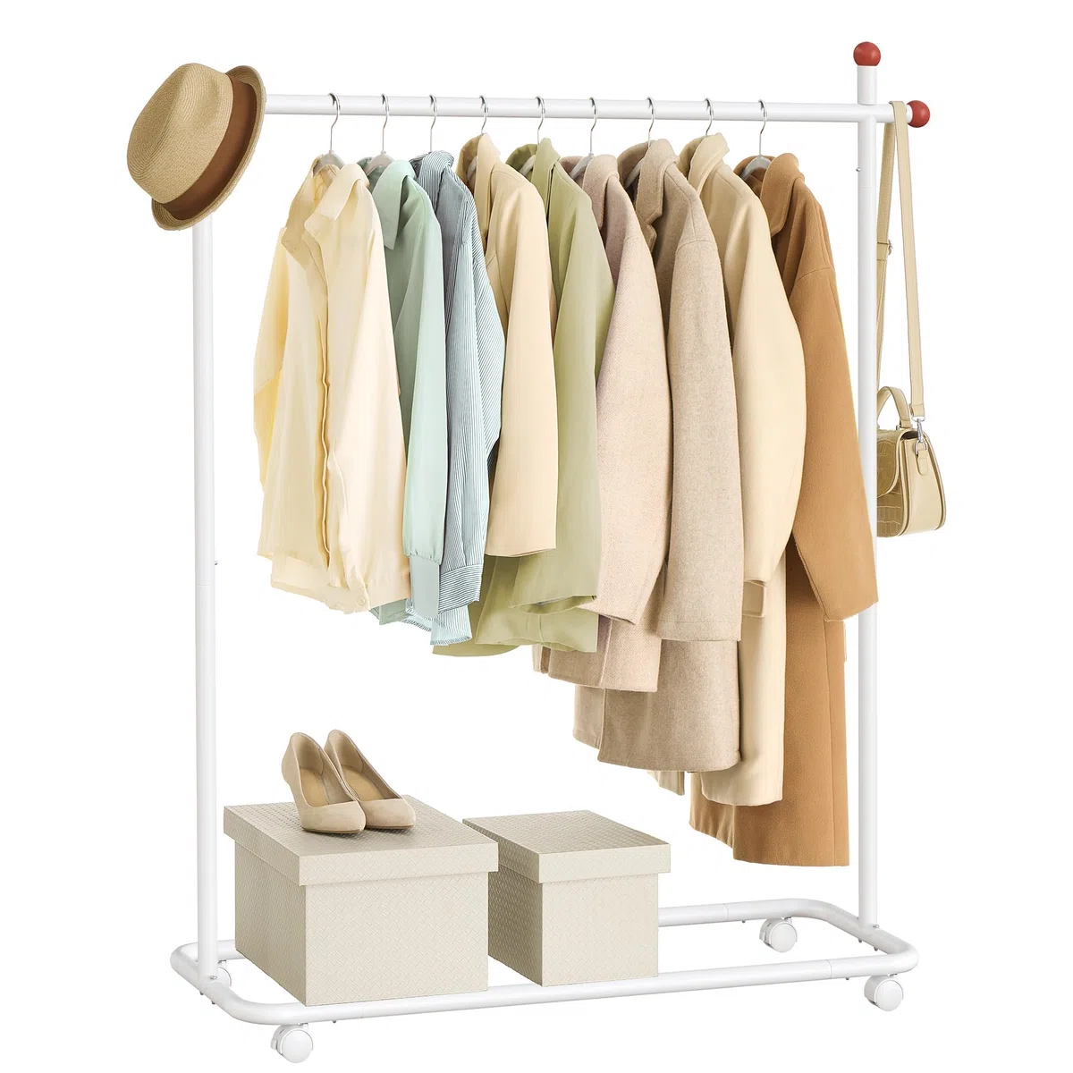 SONGMICS HOME Perchero, Perchero Metálico con Ruedas, 1 Barra para Colgar, Ganchos para Cerillas, Blanco Mate HSR170W01