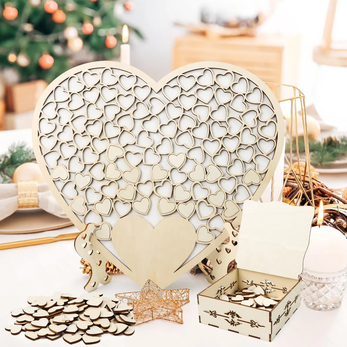 Libro de visitas para boda personalizado de madera, con corazones, alternativa con base, caja de almacenamiento y 100 tarjetas de firma de corazón de madera, decoración de boda