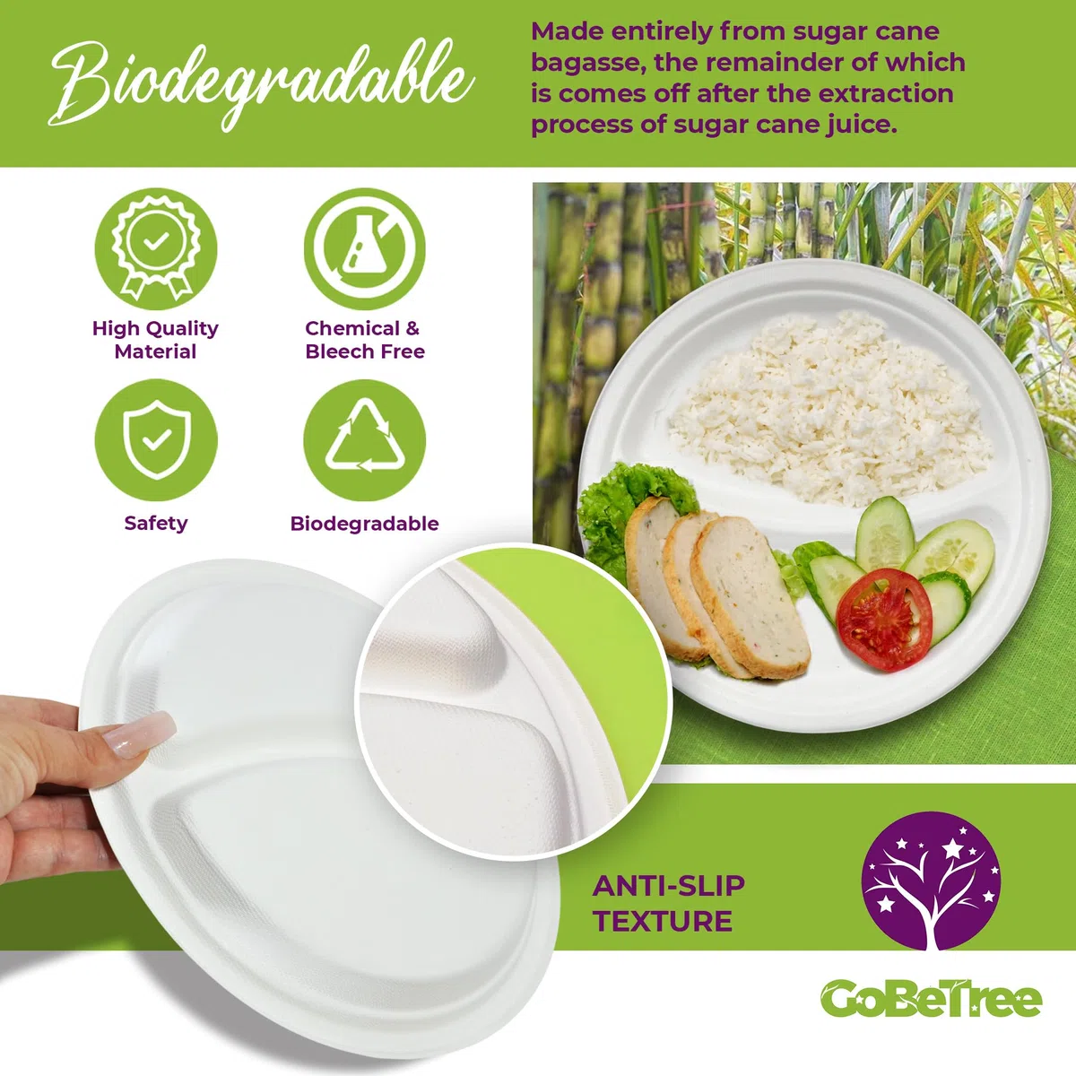 GoBeTree 100 Platos desechables de 23 cm con 2 compartimentos. Platos de caña de azúcar, Vajilla desechable extrafuertes de Color Blanco. Platos Redondos.