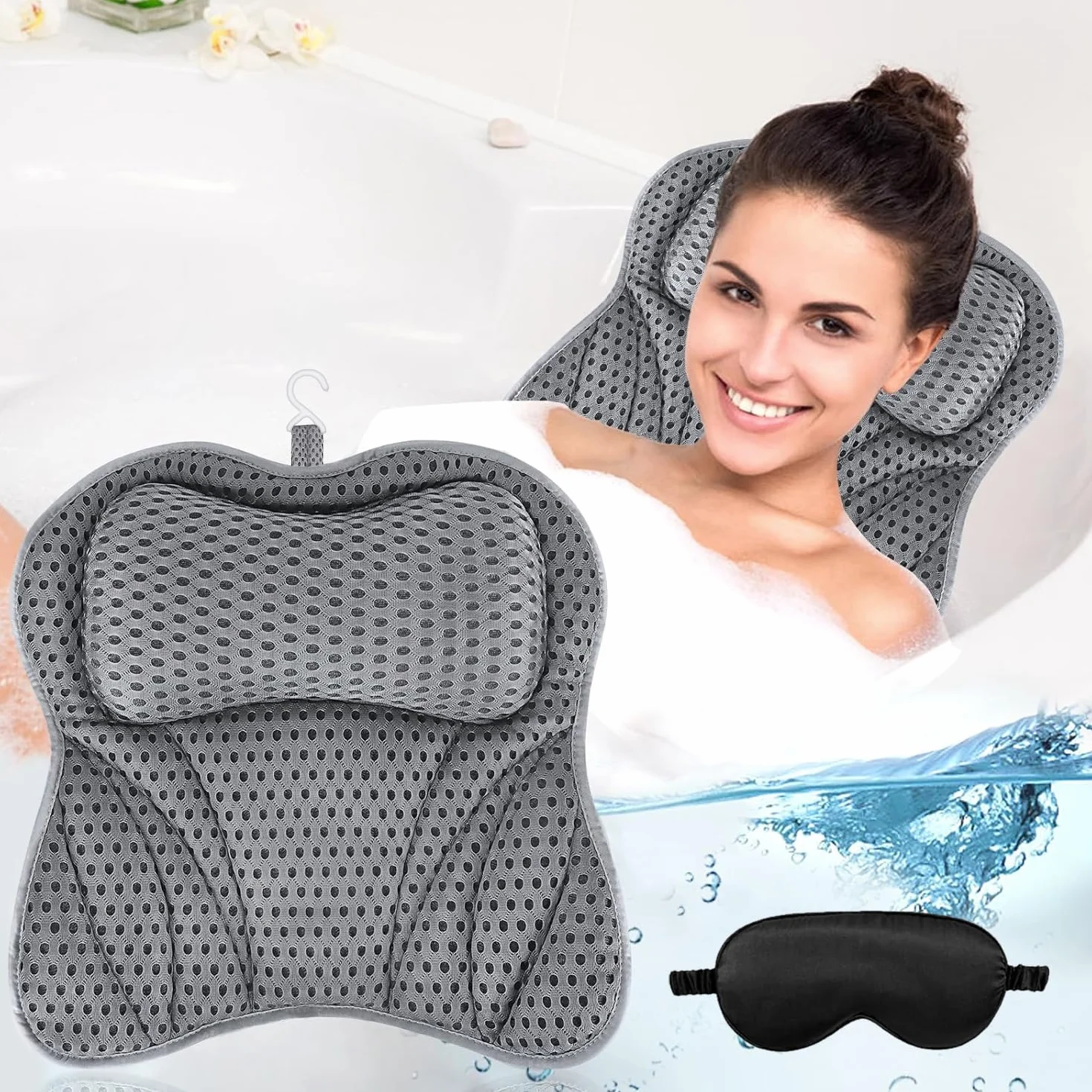 UCAMP Almohada de Baño,Cojín de Baño con tecnología 4D-Air-Mesh y 6 ventosas,Almohada para Bañera para Cabeza,Cuello,Espalda y Hombros,con máscara para Ojos Negra incluida, SPA en casa