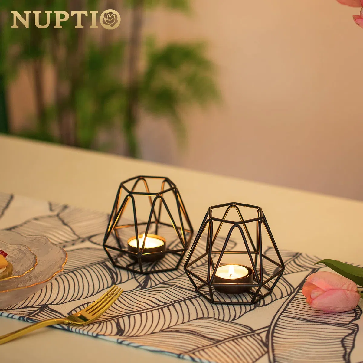 Nuptio 2 Piezas Candelabros Luz Té, Candelabro Té Negro, Candelabros Votivos Candelita Geométrica Hexagonal Metal para Bodas Hogar Sala Estar Mesas Café Decoración, Adornos para Fiesta Navidad