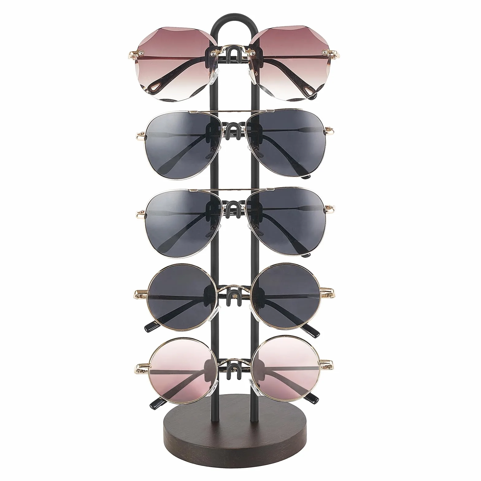 Mkono Organizador de gafas de sol, soporte para gafas de sol, soporte de almacenamiento de gafas de sol, marco de metal con base de madera para 5 pares de gafas para mesa, escritorio, encimera,