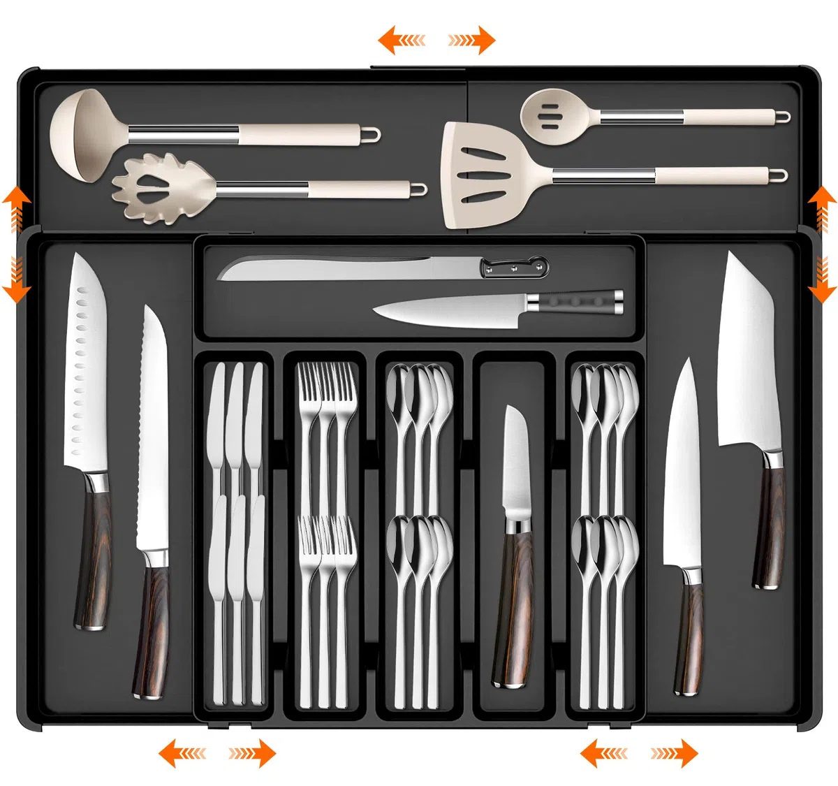 Organizador de Cubiertos, Organizador Cubiertos Expandible Para Cajon Con 10 Compartimentos, Bandeja Cuberteros para Cajon Cocina, Compacto para Cucharas Tenedores Cuchillos